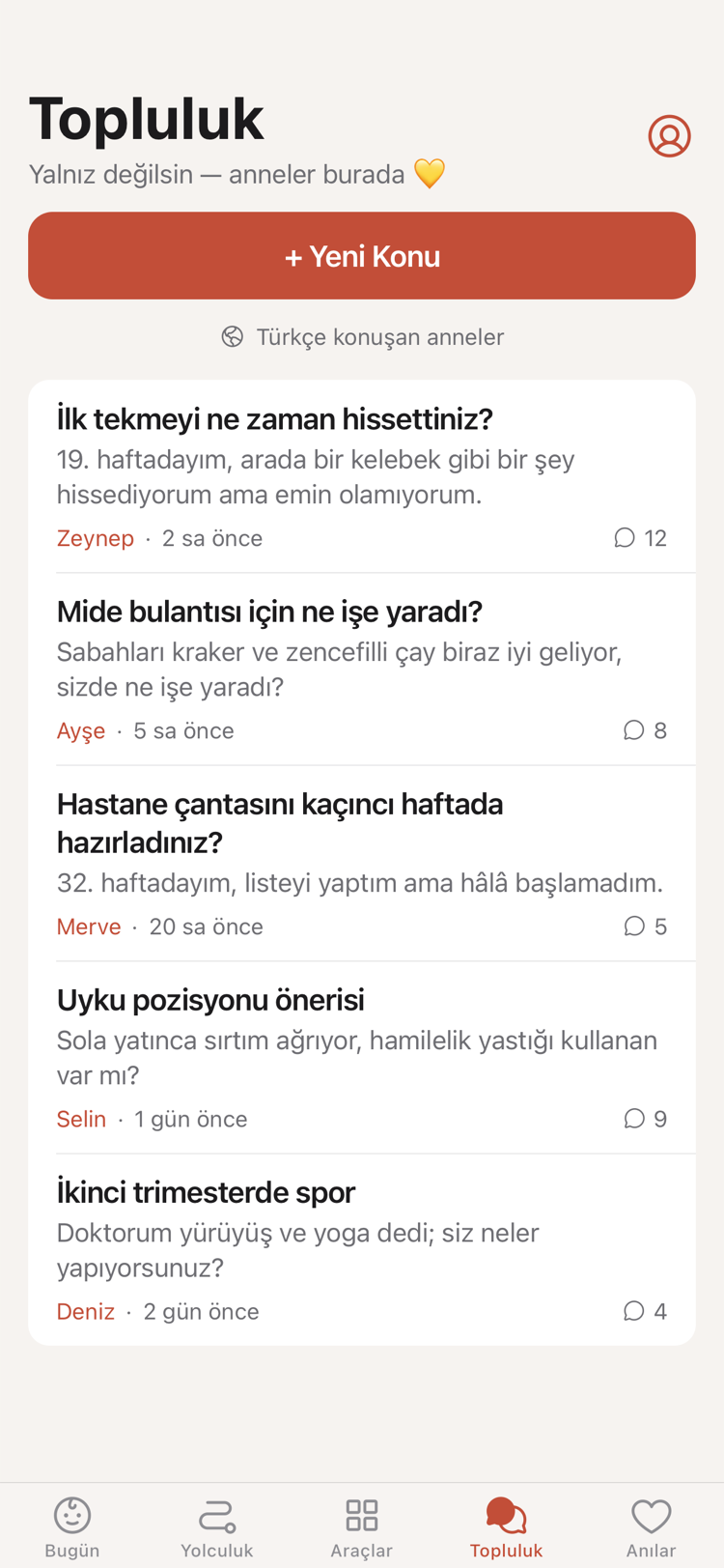 Topluluk ekranı: Türkçe konuşan annelerin açtığı konular ve yanıtlar.